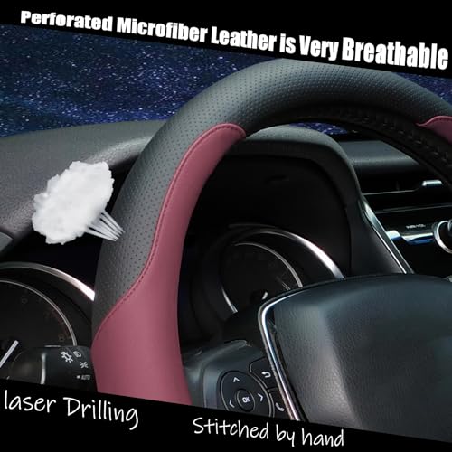 Steering Wheel Cover Standard Size Medium 14.5-15 inch, Breathable Microfiber Leather, Anti-Slip, Soft Grip, Universal Fit for Cars SUVs Trucks, Black and Burgundy - color: Black and Red