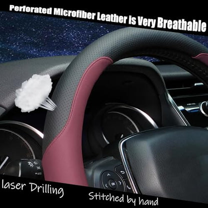 Steering Wheel Cover Standard Size Medium 14.5-15 inch, Breathable Microfiber Leather, Anti-Slip, Soft Grip, Universal Fit for Cars SUVs Trucks, Black and Burgundy - color: Black and Red
