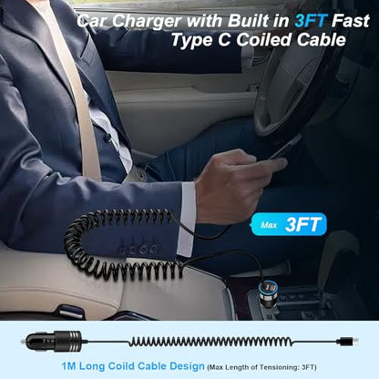 for iPhone 17e 17 Car Charger, 60W USB C Fast Car Adapter with 3FT Built-in Coiled USB C Fast Charging Cable for iPhone 17e 17 Pro Max 17 Pro Air 16e 16 Pro Max 16 Plus 15,Samsung Galaxy S26 A17 A56 - style: Coiled Cable