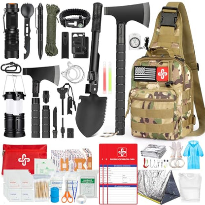 Survival Kit, 262Pcs Survival Gear and Supplies with First Aid Kit Pouch and Crossbody Bag, Emergency Kit with Tent, Camping Axe Hammer, Survival Shovel w/Pick, Bug Out Bag Gifts for Men Women - color: Brown