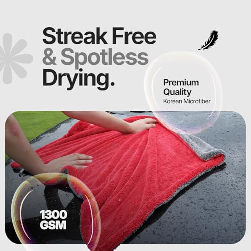 Crystal Clean 1300GSM Microfiber Towels for Cars – XL Drying Towel with Double Twisted Loop, Professional Detailing Towel Car Detailers - Quick Dry, Paint Safe & Swirl-Free (Grey+Red) - color: Grey+red