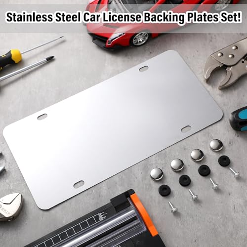 2 Pack 12 x 6 Inch License Plate Backing Stainless Steel License Plate Bracket Silver Polished Car Holder, with Screws, Chrome Caps, Heavy Duty Rustproof Metal Front Rear Car Tag