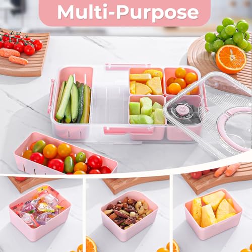LUXEAR 2Pack 8-Compartment Divided Serving Tray with Lid and Handle - Airtight Leakproof Snackle Box Charcuterie Container for Fridge, Picnic, Party, Travel - BPA-Free Dishwasher Safe(Pink) - size: 2pack Pink