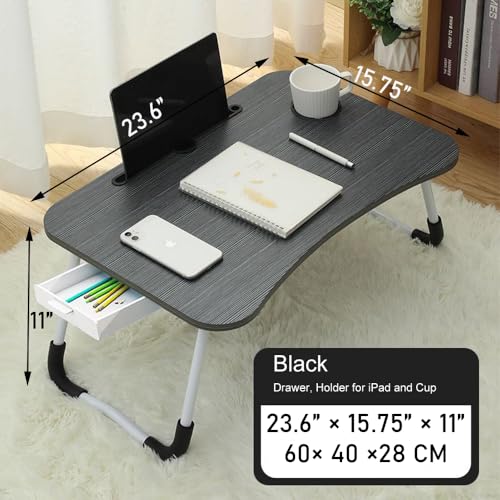 Home Office Lap Desk with Storage Drawer, Cup and Phone Holder, Laptop Bed Tray Table, 23.6" Foldable Desk, Laptop Stand for Breakfast, Working, Writing, Gaming and Drawing - color: Black