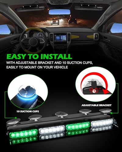 HLauto 604N Emergency Dash Strobe Lights: 2x16.8 inch Green White Security Light with/Take Down, 48 LED Safety Flashing Warning Hazard Interior Windshield Light Bar for Trucks Vehicles - color: #05 Green White