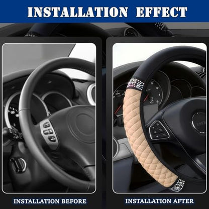 Soft Leather Car Steering Wheel Cover, Universal 15 Inch Colorful Rhinestones Anti-Slip Elastic Steering Wheel Covers for Most Cars, Sparkly Crystal Diamond for Women Girls (Beige) - color: Beige