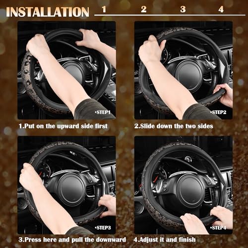 CAR PASS Bling Diamond Steering Wheel Cover Leopard Pattern, Sparkly Crystal Glitter Rhinestones Black Leather Wheel Protect for Women Girl Fit Suvs,Vans,Sedans,Cars,Trucks, 14" 1/2-15" Gold Leopard - color: Leopard Diamond