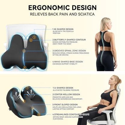 Seat Cushion Lumbar Support Pillow Set for Tailbone & Sciatica Pain Relief, Chair Cushions Back Support with Ergonomic Design Memory Foam XLarge Coccyx Pad for Car, Office, Desk, Wheelchair