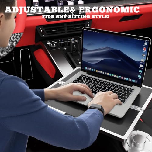 Flodable Car Desk Tray for Laptop, 360° Rotating Leather Cup Holder Table, Car Tray laptop Desk Replace Steering Wheel tray, for Tesla Model Y/3/S, Ford F150 Car Accessries for Men Women