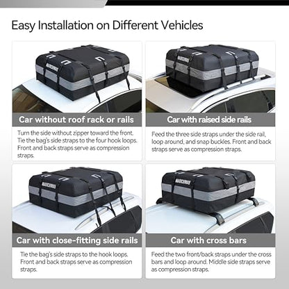 MARCHWAY Waterproof Car Roof Luggage Bag, Weatherproof Soft Shell Rooftop Cargo Carrier Bag for Vehicles with or Without Rack. 6 Door Hooks, Anti Slip Mat, Lock Included (21 Cubic Feet, Black) - size: 21 Cubic Feet, Black