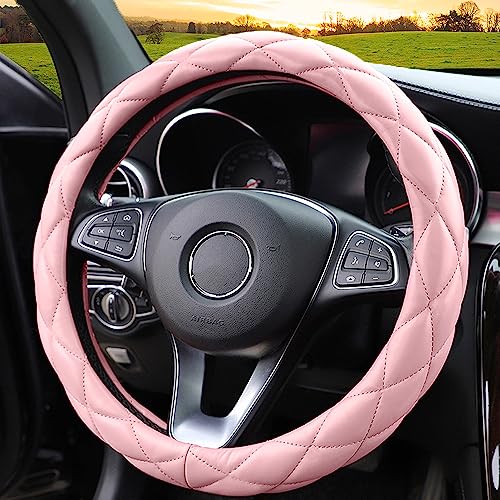 YHONGJT Soft Microfiber Leather Steering Wheel Cover, Universal 15 Inch for Women Girls, Fit Vehicles, Sedans, SUVs, Vans, Trucks - Light Pink - color: A-Baby Pink
