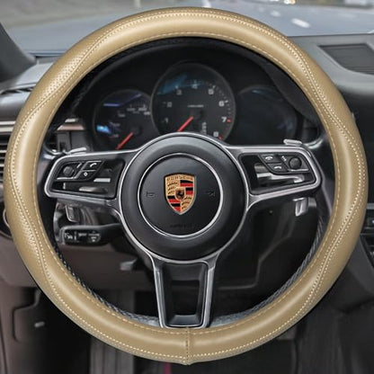 HAOKAY Top Grade Beige Genuine Leather Steering Wheel Cover Men Women, Luxury Steering Wheel Cover for Cars, SUVS and Trucks, Universal 14.5-15 inch - color: BEIGE