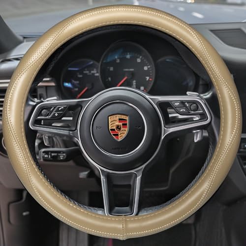 HAOKAY Top Grade Beige Genuine Leather Steering Wheel Cover Men Women, Luxury Steering Wheel Cover for Cars, SUVS and Trucks, Universal 14.5-15 inch - color: BEIGE