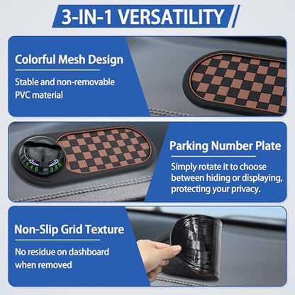 Multifunction Car Anti-Slip Mat Auto Phone Holder, Rotatable Car Anti Slip Mat Phone Holder with Temporary Parking Number, Universal Dashboard Sticky Pad for Glasses Keys (Brown) - color: Brown