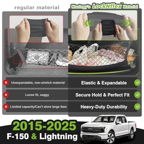 Muslogy Truck Bed Cargo Net Trunk Netting Compatible with Ford F-150 & Lightning 2015-2026 Accessories, Pickup Cargo Organizer SUV Sedan Storage Net w/Heavy Duty Carabiners - style: 2015+ F150 (Eye Bolt)