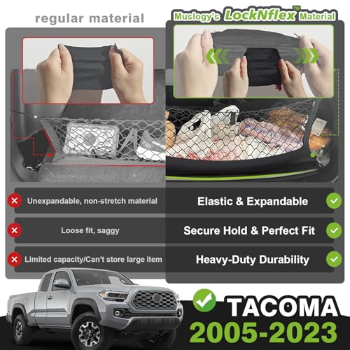Muslogy Truck Bed Cargo Net Trunk Netting Compatible with Toyota Tacoma 2005-2022 2023 Accessories, Pickup Cargo Organizer SUV Sedan Storage Net w/Heavy Duty Carabiners - style: 2005-2023 Tacoma