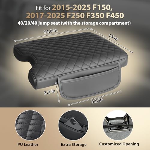 AZEAM Center Console Cover for 2015-2026 Ford F150, 2017-2026 F250 F350 F450 with 40/20/40 Jump Seat, Leather Middle Console Armrest Cover Accessories with 2 Sided Pockets (Jump Seat Only)