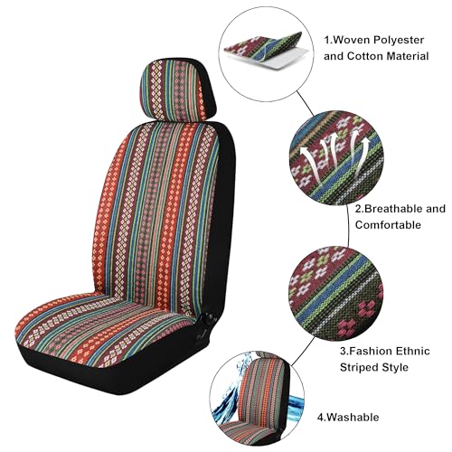 Baja Saddle Blanket Car Seat Covers, Boho Striped Woven Front Seat Protectors, Breathable & Washable Interior Covers, Universal Fit for Most Cars SUVs Trucks, Airbag Compatible, Flower, 8 pcs. - color: FLOWER&RED