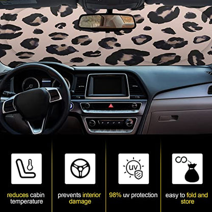 Windshield Sun Shade Foldable Car Front Window Covers for Car Accessories Sun Heat UV Rays Visor Protector Protection for Universal Cars SUV Truck(Leopard) - style: Leopard