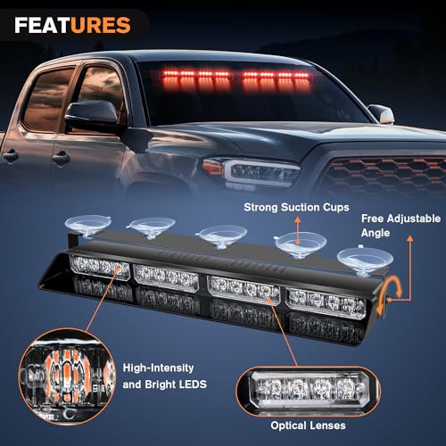 Nilight 32LED Red Emergency Dash Strobe Lights with Controller Suction Cups Warning Hazard Interior Front/Rear Windshield Deck Split Light Bar for Trucks Construction Vehicles - color: Red