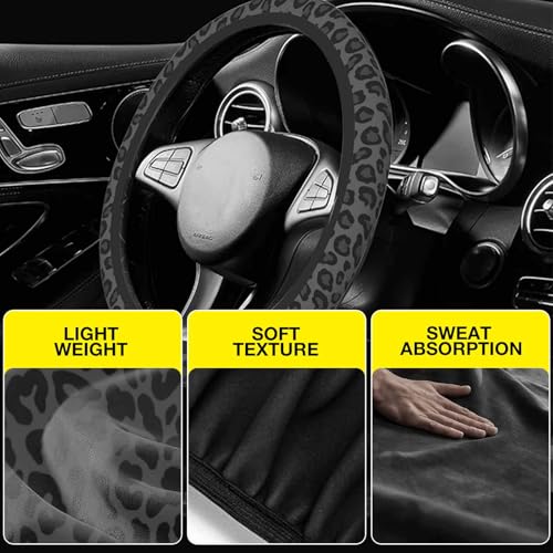 Black Leopard Print Steering Wheel Cover for Women, Universal Fit 14.5-15 Inch with Non-Slip Grip and Thermal Control, Includes 2 Ceramic Absorbent Cup Coasters, Compatible with Cars, SUVs, Trucks.