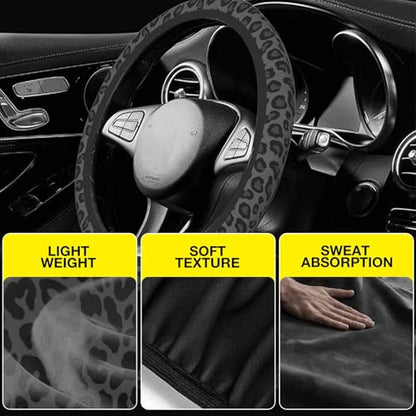 Black Leopard Print Steering Wheel Cover for Women, Universal Fit 14.5-15 Inch with Non-Slip Grip and Thermal Control, Includes 2 Ceramic Absorbent Cup Coasters, Compatible with Cars, SUVs, Trucks.