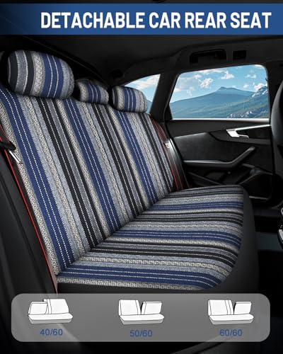 Baja Saddle Blanket Car Seat Covers Front Set with Seat Belt Pads, Washable Breathable Striped Woven Cloth Seat Covers for Cars, SUV, Truck, Airbag Compatible(Blue) - color: Blue, size: Front Set