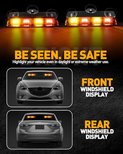 HLauto 2002L Emergency Dash Strobe Lights: Amber Red Safety Lights, Flashing Warning Hazard Windshield Visor Traffic Light Bars for Trucks, Construction Vehicles (2x8.5 inch, 48LED) - color: Amber/Red