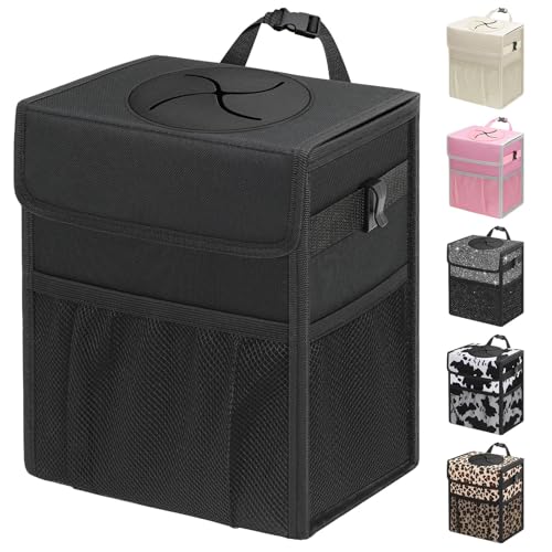 Capolo Car Trash Can with Lid, Leakproof Car Trash Bag Hanging Waterproof Automotive Garbage Can with Storage Pockets Mini Vehicle Trash Bin for Back/Front Seat(Black,2.5 Gallon) - color: Black, size: 2.5 Gallons