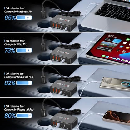 Dzytnsy 200W Car Fast Charging Station,6 Ports, Compatible with MacBook pro/Air/M5 M4 M3 M2 M1/Dell/Lenovo/HP,for iPhone 17/16/15 Series,Samsung Galaxy S26/S25 Ultra/S24 Series and More