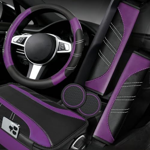 NBTEPEM 6 Pcs Purple Car Accessories Set, Sport Leather Steering Wheel Cover 14.5-15inch Universal, Leather Car Center Console Cover, Seat Belt Cushion, Cup Holder Coaster (Black-Purple) - color: Purple, size: Steering Wheel Cover Set