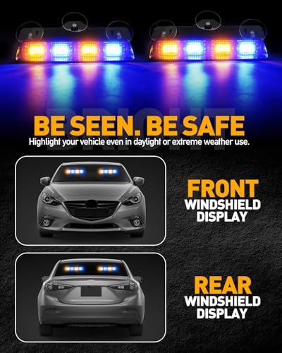 HLauto 2002L Emergency Dash Strobe Lights: Amber Blue Safety Lights, Flashing Warning Hazard Windshield Visor Traffic Light Bars for Trucks, Construction Vehicles (2x8.5 inch, 48LED) - color: Amber/Blue