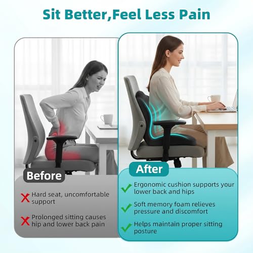 Office Chair Cushion with Back Support, Ergonomic Seat Cushion High Density Memory Foam with U-Shaped Raised Sides, Breathable Coccyx Relief for Better Posture, Office Chair, Car, Home (Black) - color: Black
