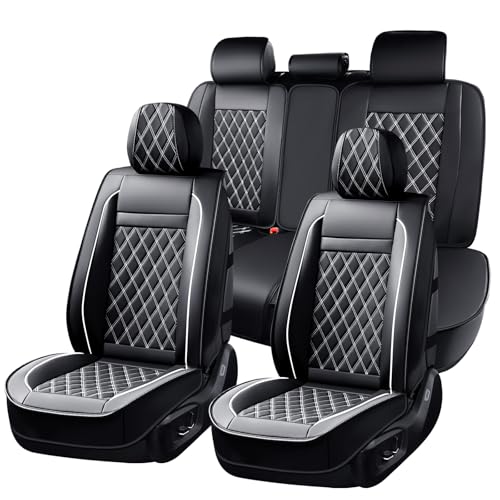Huidasource Seat Cover 5 Layers, Car Seat Covers Full Set Faux Leather, Seat Covers for SUV, Side Open Design Airbag Pops Out, Front ＆ Back Seats Fit for Most Cars Van Truck Etc(Full Set/Black&White) - color: 02FS# Black&White, size: 5pcs Full Set