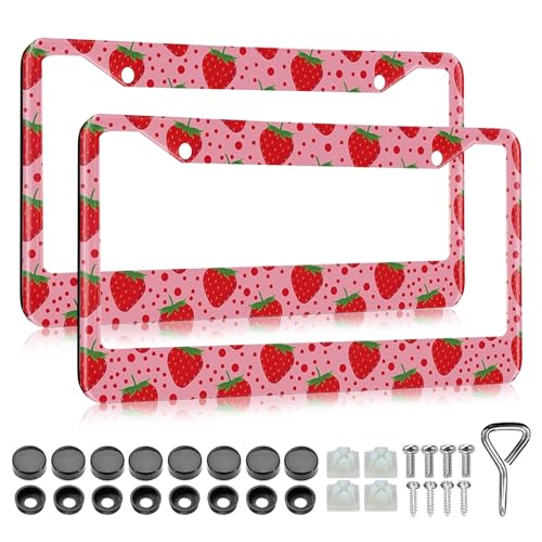 LIN KANG 2PCS Cute Strawberry Pattern Fruit License Plate Frames Polka Dots Red Car Plate Holder Aluminum Metal Rust-Proof Waterproof Car Decorative Tag Frames for Standard US 12x6 Inch - color: Cute Strawberry Pattern Fruit