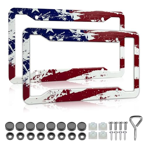 Patriotic American Flag License Plate Frame Holder - 2 Pack Retro Universal Aluminum Matte Stripe US Flag Gloss Car License Plate Frame Covers with Free Screws Fasteners Caps - color: Matte American flag