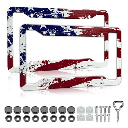 Patriotic American Flag License Plate Frame Holder - 2 Pack Retro Universal Aluminum Matte Stripe US Flag Gloss Car License Plate Frame Covers with Free Screws Fasteners Caps - color: Matte American flag