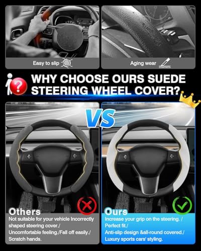 Shademax Custom-Fit for Tesla Steering Wheel Cover, Tesla Model Y / 3 2017-2025 (Fit Model Y Juniper 2026/ Model 3 Highland) Suede Steering Wheel Cover Non-Slip Tesla Model Y/3 Accessories (White) - color: White