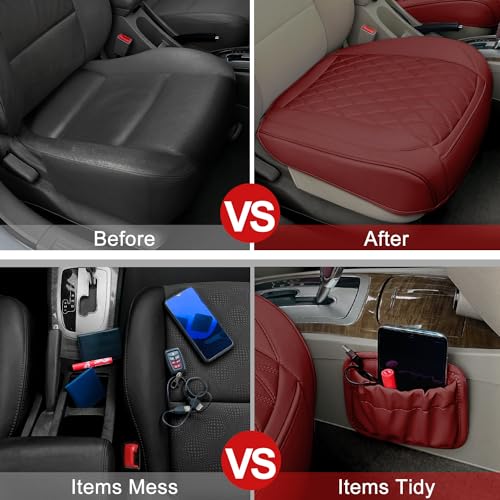 2 Pack Leather Front Car Seat Cover Bottom Car Seat, Anti-Slip and Full Wrap Driver Car Seat Protectors with Storage Pocket, Luxury Waterproof Bottom Auto Seat Cushion Pad Mat for Most Vehicles(Red) - color: red-2pcs