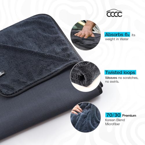 Crystal Clean XL (28x36) Car Drying Towel - 70/30 Korean Blend Car Towel with Double Twisted Loop, Professional Detailing Towel for Car Detailers - Quick Dry, Paint Safe & Swirl-Free - color: Single Side Grey