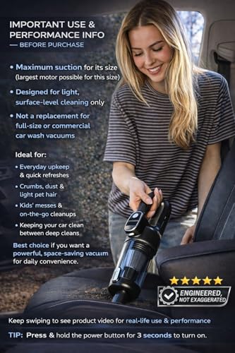 Car Vacuum Portable Cordless, 4-in-1 Mini Car Vacuum with 19500pa Suction & Air Duster, USB-C Charging, Smart Digital Display, Handheld Vacuum with LED Light, Multi Nozzles for Car, Home, Office, Pet