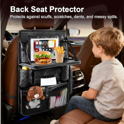 Car Seat Organizer with Foldable Table Tray - 11 Storage Pockets PU Leather Backseat Organizer with Tablet Holder, Seat Back Protector Kick Mat for Kids Family Road Trip Accessories (Black) - size: 1 Pack