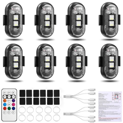 8PCS Wireless LED Strobe Lights, Halloween 8 Colors Wireless Strobe Lights with Remote Control, IP65 Waterproof Rechargeable Anti-Collision LED Emergency Warning Light for Car Drone Aircraft - size: 8PCS (Standard)