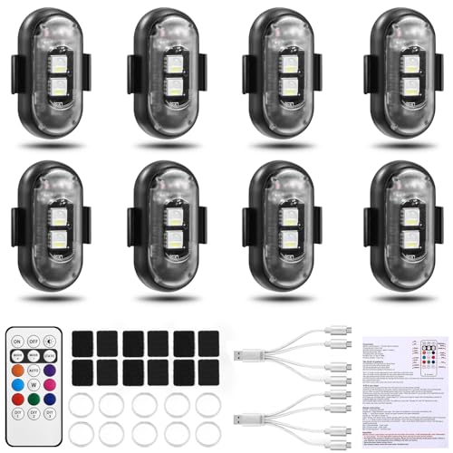 8PCS Wireless LED Strobe Lights, Halloween 8 Colors Wireless Strobe Lights with Remote Control, IP65 Waterproof Rechargeable Anti-Collision LED Emergency Warning Light for Car Drone Aircraft - size: 8PCS (Standard)