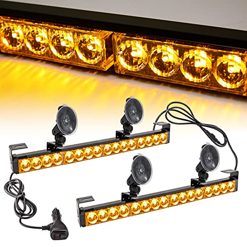Amber 2 in 1 Emergency Strobe Light Bar 21 Flash Patterns Yellow Traffic Advisor Warning Hazard Windshield Safety Lights Bar with Cigar Lighter for Police Vehicles, Truck (2×16.8 inch, 32 Led) - color: Amber