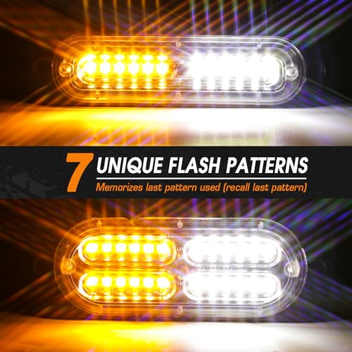 LINKITOM 12pcs Ultra Slim Sync Feature Surface Mount LED Emergency Beacon Hazard Warning Flashing Strobe Lights with Waterproof Controller and Long Heavy Cable for Car Truck Vehicle, Amber/White
