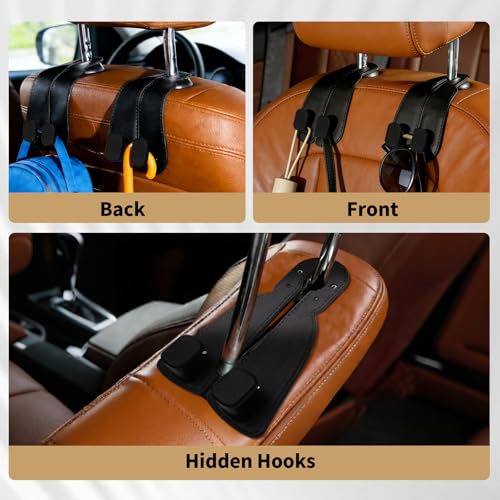 4 Pack Headrest Hooks for Car, Leather Car Seat Back Storage Hooks, Car Purse Holder for Purses and Handbags