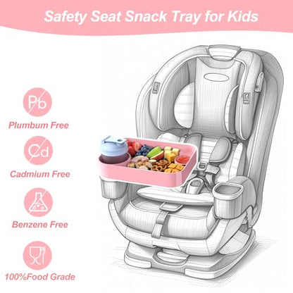 Car Seat Snack Tray for Kids, Mess-Free Square Travel Tray Cup Holder Snack Tray, Durable Car Food Tray for Toddlers, Universal Fit Kids Travel Road Trip Essentials (Pink) - color: pink