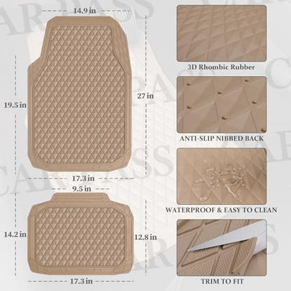 CAR PASS Beige Rubber Car Mats, All-Weather Floor Mats Full Set Durable Anti-Slip 3D Rhombus Waterproof Automotive Pad Trim to Fit Liner Universal Fit for Sedan SUV Truck Van, 4 Pcs All Beige Rubber - color: Beige