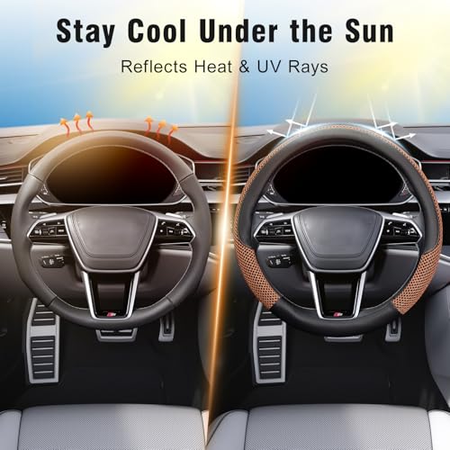 KAFEEK Steering Wheel Cover, Universal 15 inch, Microfiber Leather Viscose, Breathable, Anti-Slip,Warm in Winter and Cool in Summer, Black&Brown - color: brown, size: Standard Size[14.5"-15"]